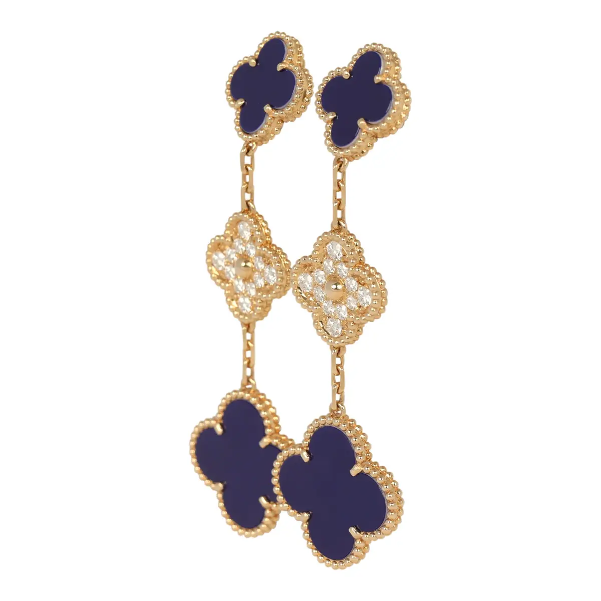 Van Cleef & Arpels Van Cleef & Arpels "Vendome" Magic Alhambra 3 Motif Earrings Blue Sevres Porcelain, Diamonds, 18K Yellow Gold | Thumbnail 5 Van Cleef & Arpels Van Cleef & Arpels "Vendome" Magic Alhambra 3 Motif Earrings Blue Sevres Porcelain, Diamonds, 18K Yellow Gold | Thumbnail 5