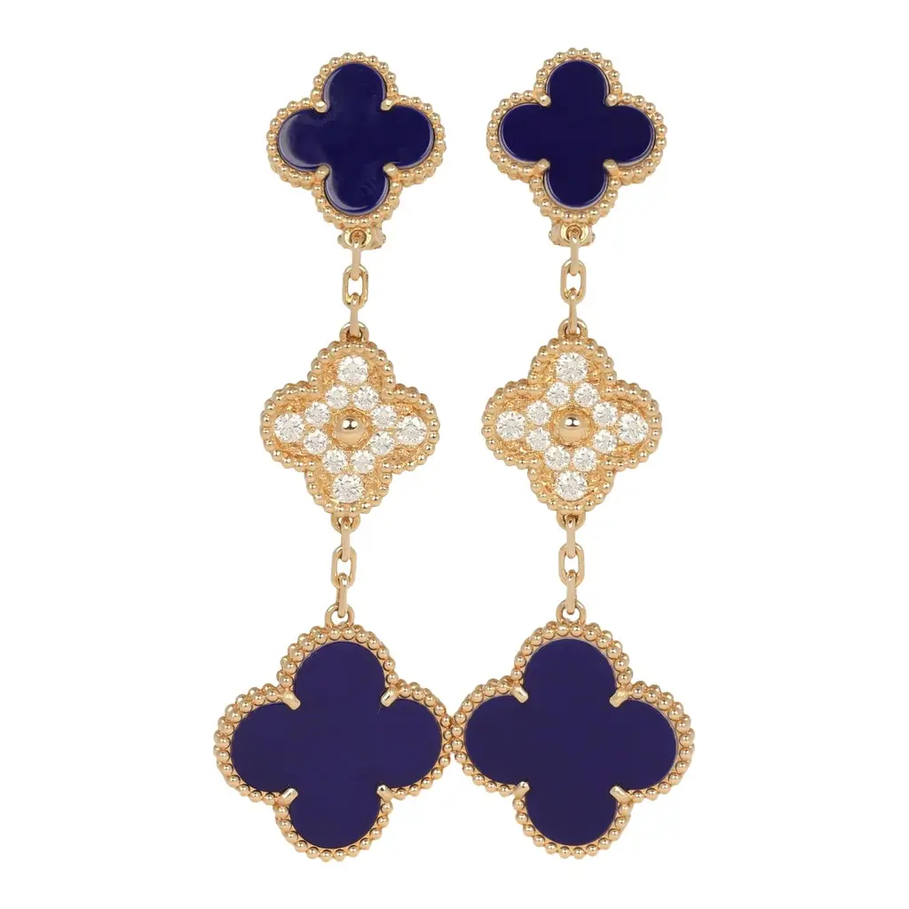 Van Cleef & Arpels "Vendome" Magic Alhambra 3 Motif Earrings Blue Sevres Porcelain, Diamonds, 18K Yellow Gold Van Cleef & Arpels "Vendome" Magic Alhambra 3 Motif Earrings Blue Sevres Porcelain, Diamonds, 18K Yellow Gold