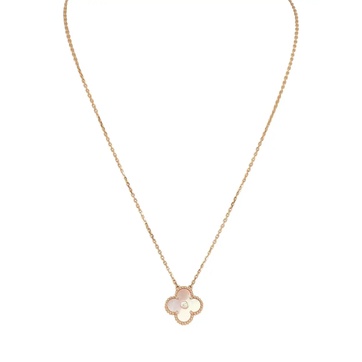 Van Cleef & Arpels 2025 Holiday Vintage Alhambra Pendant Necklace Pink Mother Of Pearl 18K Rose Gold & Diamonds Van Cleef & Arpels 2025 Holiday Vintage Alhambra Pendant Necklace Pink Mother Of Pearl 18K Rose Gold & Diamonds