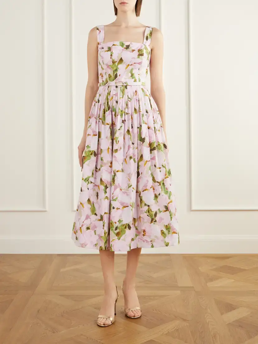 Oscar de la Renta Belted Pleated Floral-print Cotton-blend Poplin Midi Dress | Thumbnail 2 Oscar de la Renta Belted Pleated Floral-print Cotton-blend Poplin Midi Dress | Thumbnail 2