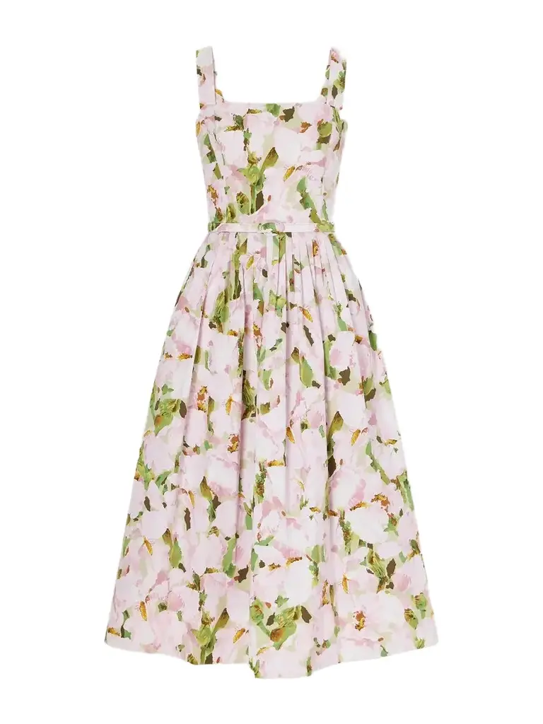 Belted Pleated Floral-print Cotton-blend Poplin Midi Dress