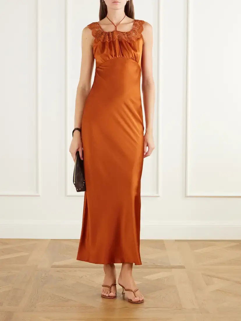 Miguelina Crochet-knit Trimmed Silk-blend Charmeuse Halterneck Maxi Dress | Thumbnail 2