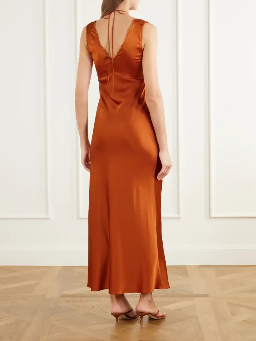 Miguelina Crochet-knit Trimmed Silk-blend Charmeuse Halterneck Maxi Dress | Thumbnail 3