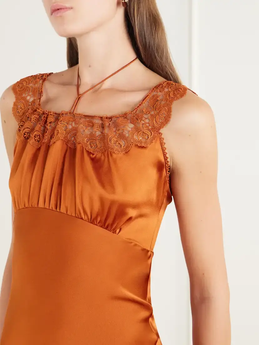 Miguelina Crochet-knit Trimmed Silk-blend Charmeuse Halterneck Maxi Dress | Thumbnail 4