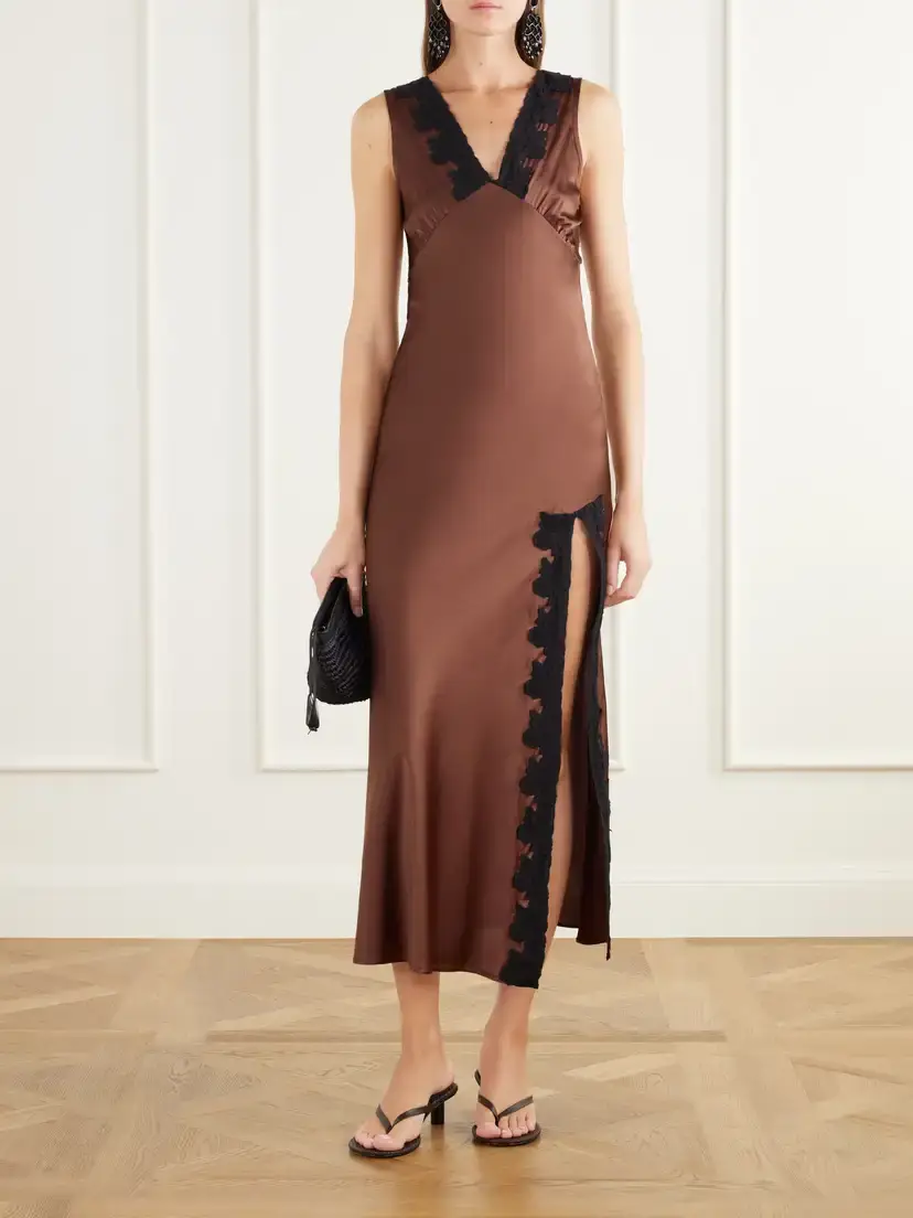 Miguelina Lace-trimmed Silk-blend Satin Midi Dress | Thumbnail 2 Miguelina Lace-trimmed Silk-blend Satin Midi Dress | Thumbnail 2