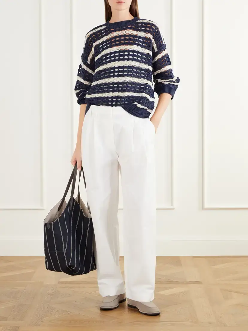 Brunello Cucinelli Striped Open-knit Cotton Sweater | Thumbnail 2 Brunello Cucinelli Striped Open-knit Cotton Sweater | Thumbnail 2