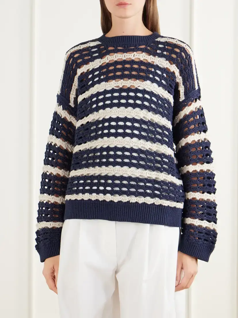 Brunello Cucinelli Striped Open-knit Cotton Sweater | Thumbnail 3 Brunello Cucinelli Striped Open-knit Cotton Sweater | Thumbnail 3
