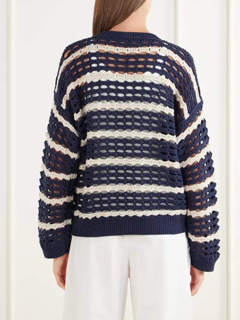 Brunello Cucinelli Striped Open-knit Cotton Sweater | Thumbnail 4 Brunello Cucinelli Striped Open-knit Cotton Sweater | Thumbnail 4