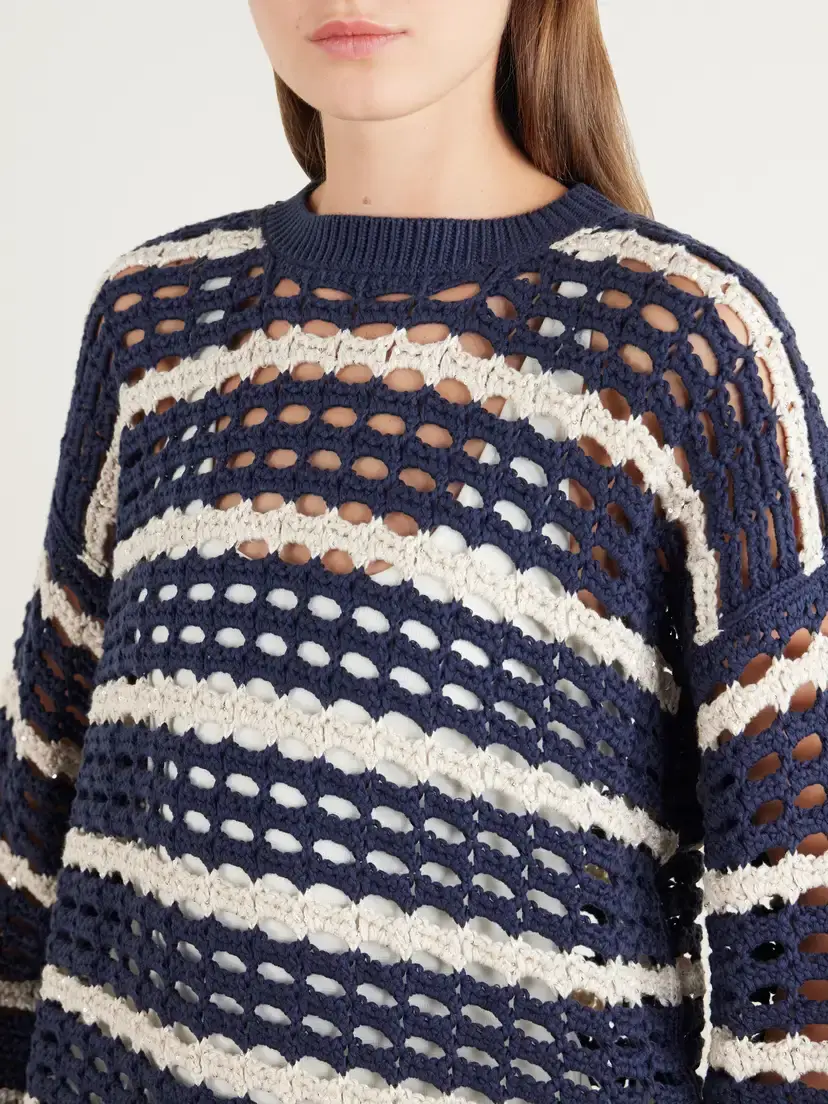 Brunello Cucinelli Striped Open-knit Cotton Sweater | Thumbnail 5 Brunello Cucinelli Striped Open-knit Cotton Sweater | Thumbnail 5