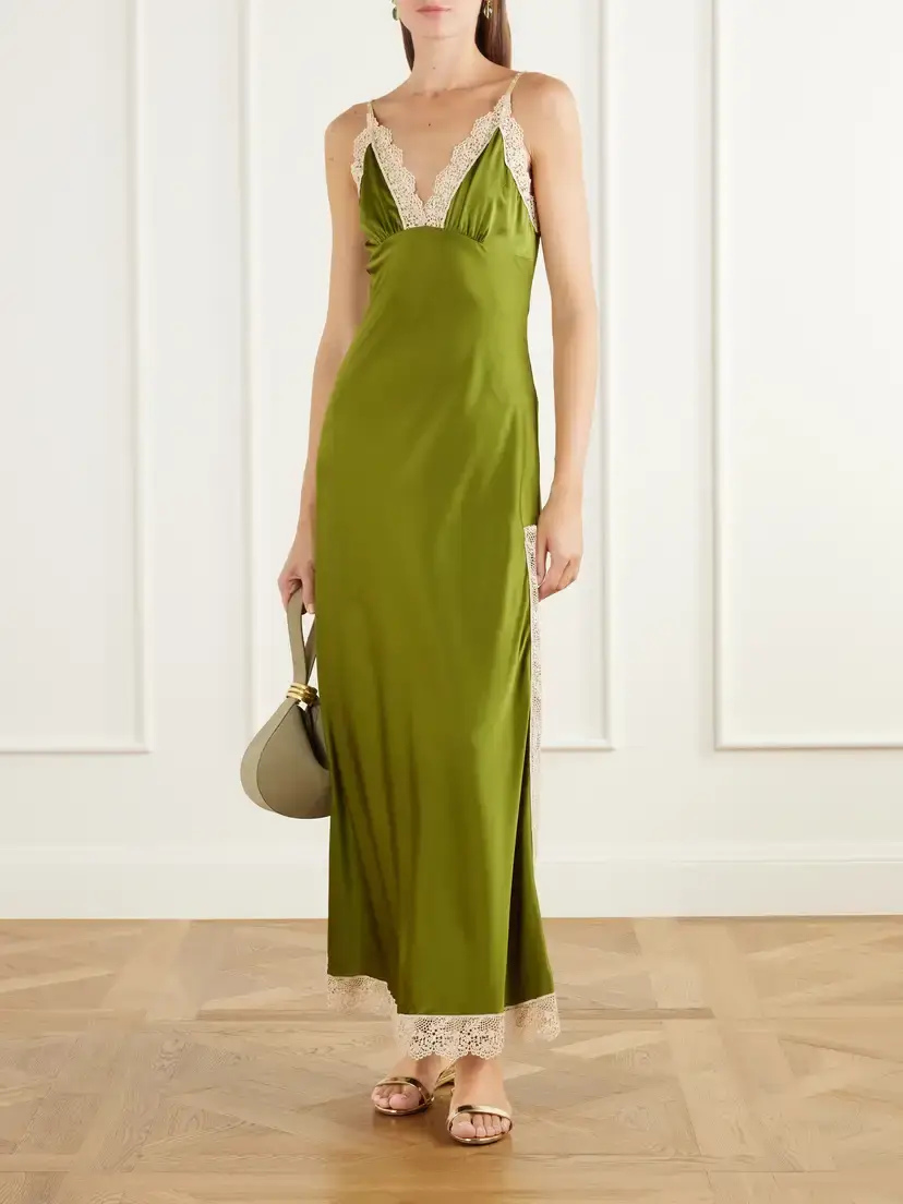 Miguelina Bead-embellished Crochet-knit Trimmed Silk-blend Satin Maxi Dress | Thumbnail 2 Miguelina Bead-embellished Crochet-knit Trimmed Silk-blend Satin Maxi Dress | Thumbnail 2