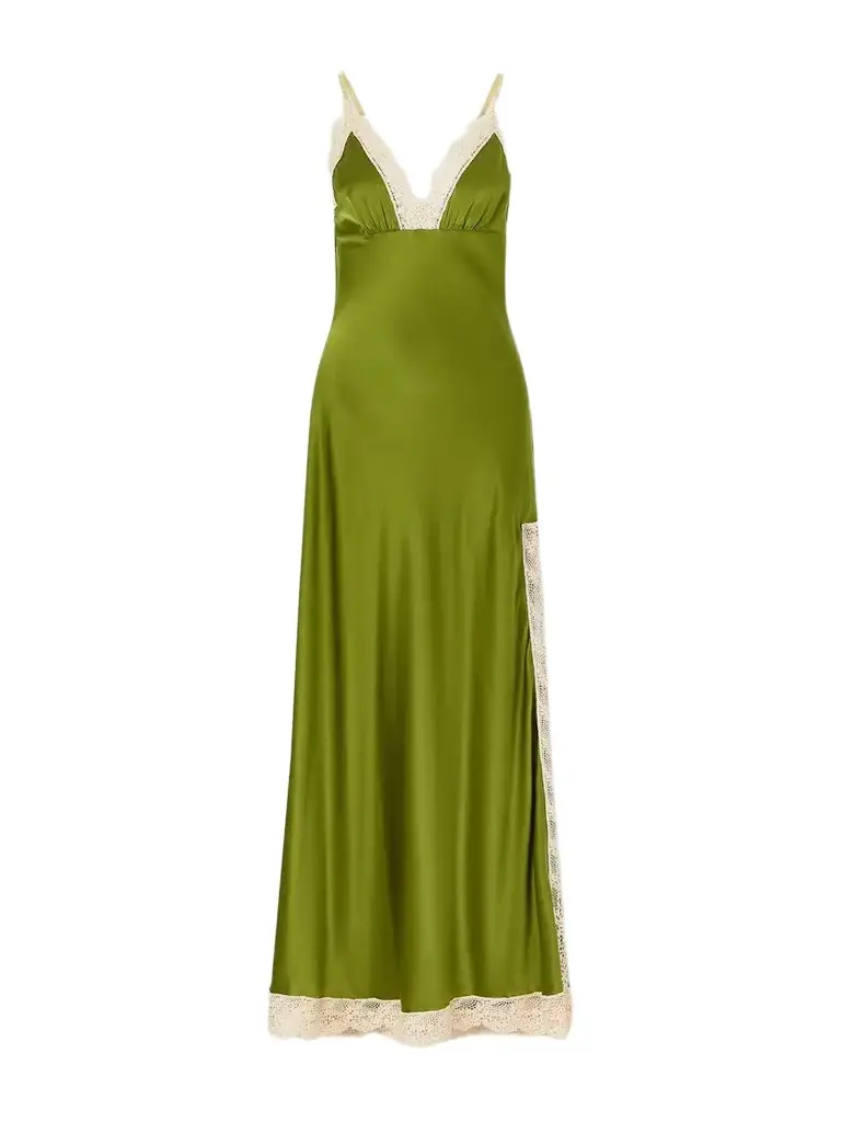 Miguelina Bead-embellished Crochet-knit Trimmed Silk-blend Satin Maxi Dress