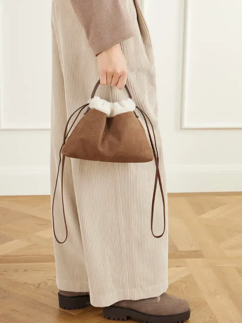 Brunello Cucinelli Bead-embellished Shearling-trimmed Full-grain Leather Clutch | Thumbnail 2 Brunello Cucinelli Bead-embellished Shearling-trimmed Full-grain Leather Clutch | Thumbnail 2