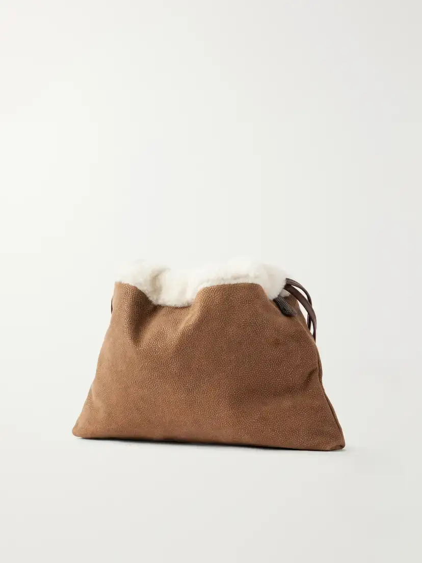 Brunello Cucinelli Bead-embellished Shearling-trimmed Full-grain Leather Clutch | Thumbnail 4 Brunello Cucinelli Bead-embellished Shearling-trimmed Full-grain Leather Clutch | Thumbnail 4