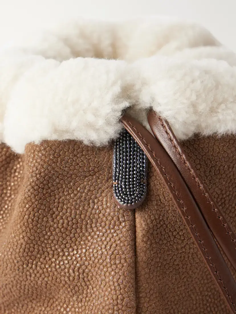 Brunello Cucinelli Bead-embellished Shearling-trimmed Full-grain Leather Clutch | Thumbnail 5 Brunello Cucinelli Bead-embellished Shearling-trimmed Full-grain Leather Clutch | Thumbnail 5