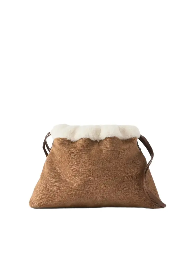Brunello Cucinelli Bead-embellished Shearling-trimmed Full-grain Leather Clutch