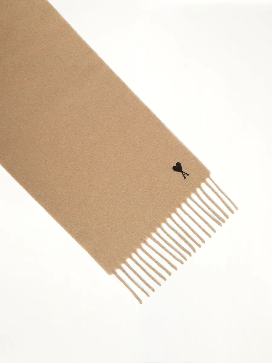 AMI PARIS Wool Scarf With Ami De Coeur Embroidery in Light Brown | Thumbnail 2