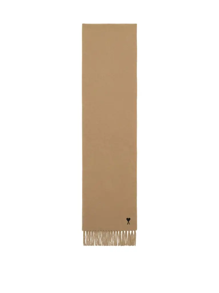 AMI PARIS Wool Scarf With Ami De Coeur Embroidery in Light Brown