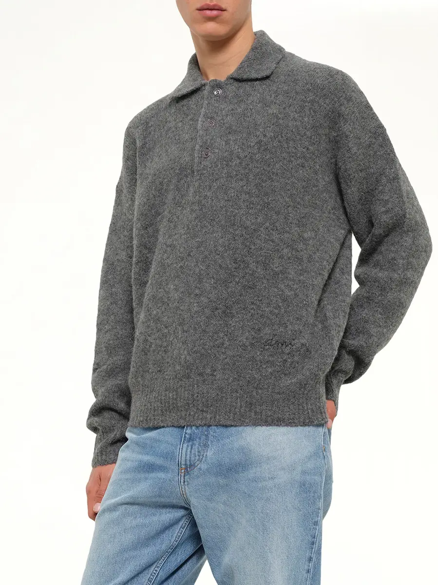 AMI PARIS Ami Polo Sweater in Charcoal Grey | Thumbnail 6 AMI PARIS Ami Polo Sweater in Charcoal Grey | Thumbnail 6