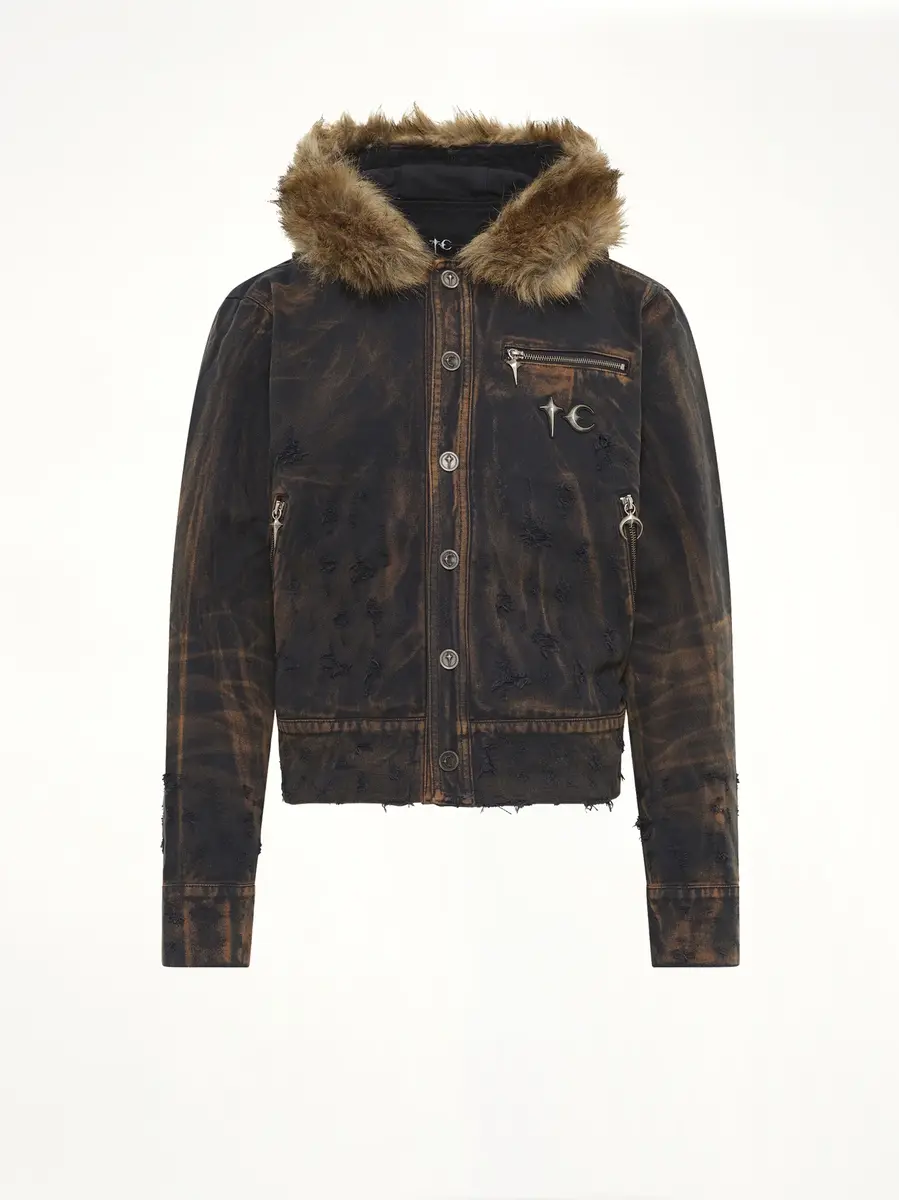 THUG CLUB TC Two Tone Washed Fur Hooded Jacket in Rust Black | Thumbnail 2 THUG CLUB TC Two Tone Washed Fur Hooded Jacket in Rust Black | Thumbnail 2