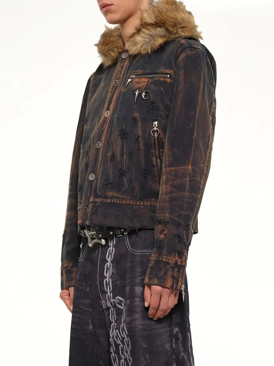 THUG CLUB TC Two Tone Washed Fur Hooded Jacket in Rust Black | Thumbnail 3 THUG CLUB TC Two Tone Washed Fur Hooded Jacket in Rust Black | Thumbnail 3