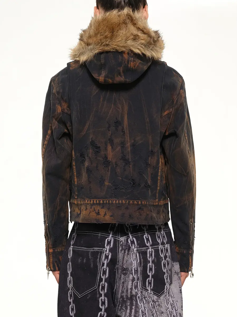 THUG CLUB TC Two Tone Washed Fur Hooded Jacket in Rust Black | Thumbnail 5 THUG CLUB TC Two Tone Washed Fur Hooded Jacket in Rust Black | Thumbnail 5