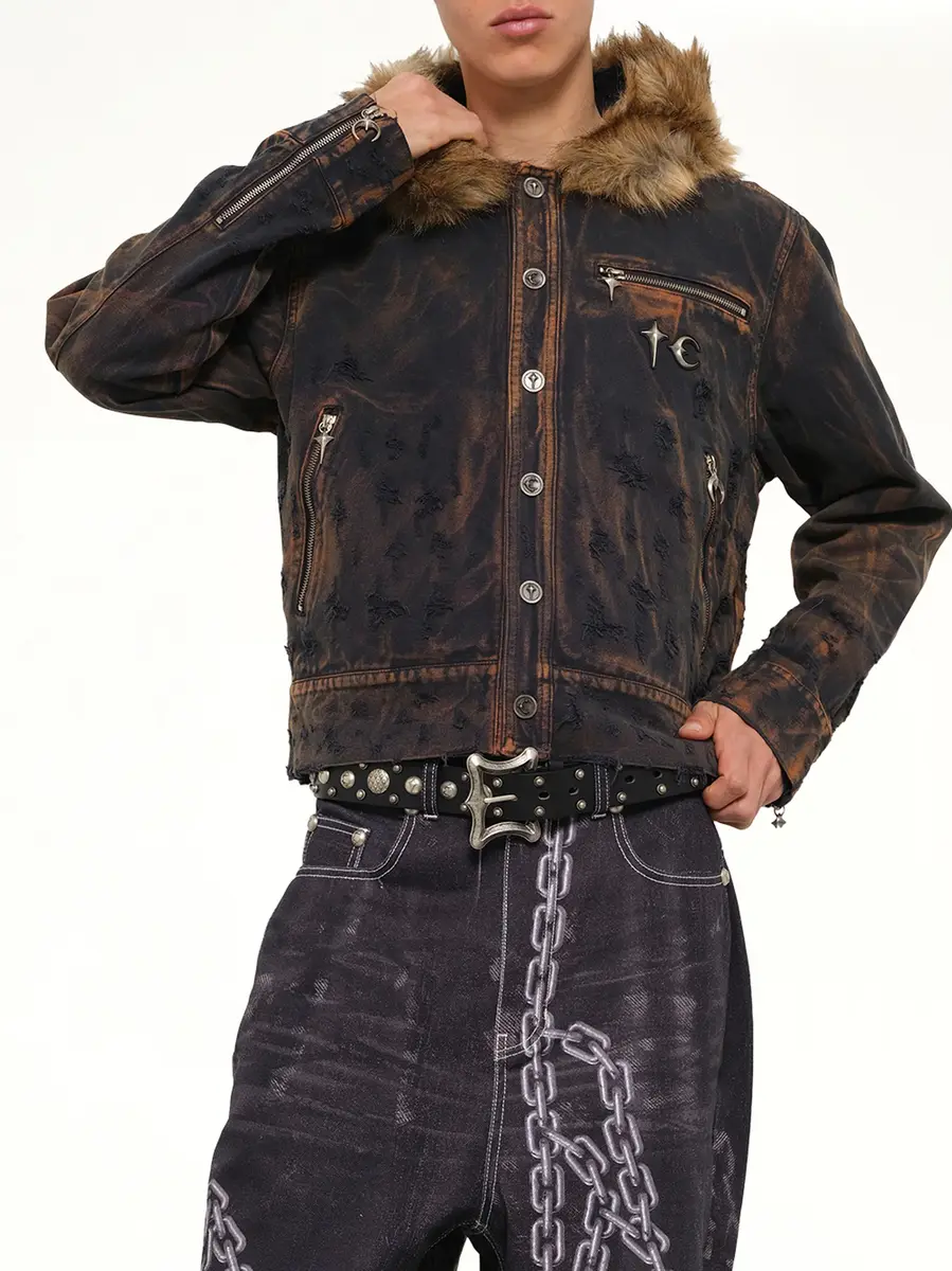 THUG CLUB TC Two Tone Washed Fur Hooded Jacket in Rust Black | Thumbnail 6 THUG CLUB TC Two Tone Washed Fur Hooded Jacket in Rust Black | Thumbnail 6