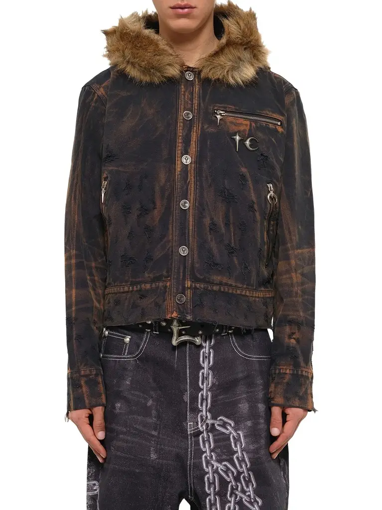 THUG CLUB TC Two Tone Washed Fur Hooded Jacket in Rust Black