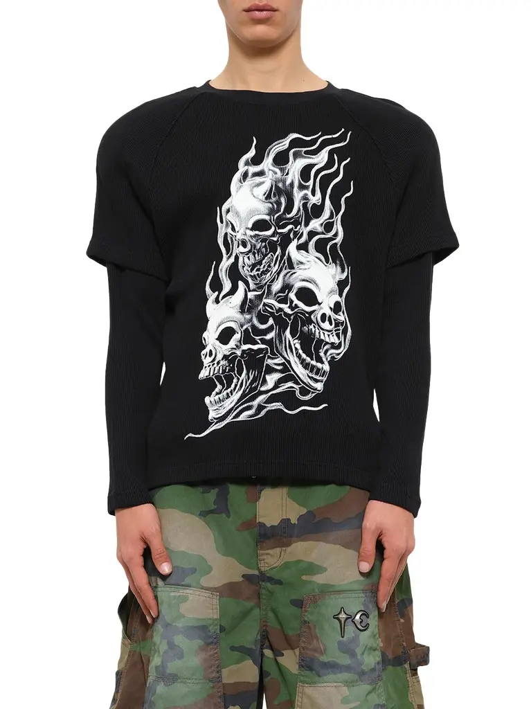 THUG CLUB Bulk Shoulder Three Riding Skull Layered T-shirt