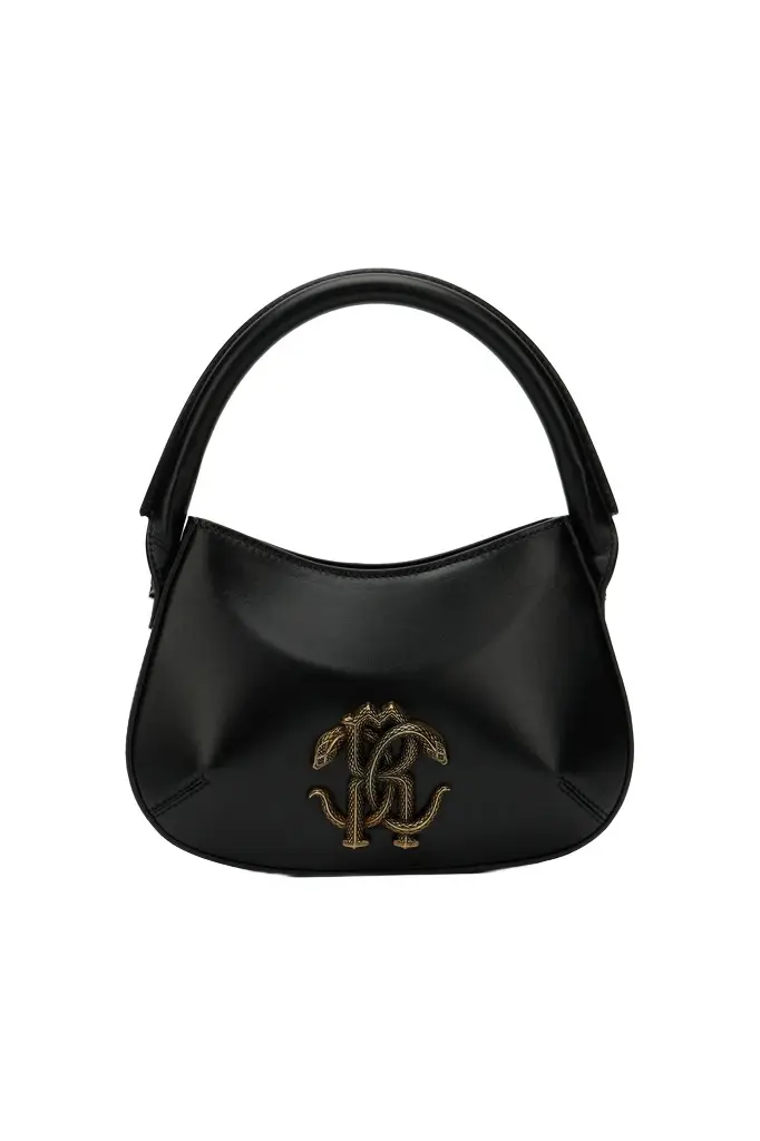 Roberto Cavalli Black Leather Top Handle Bag with Monogram RC