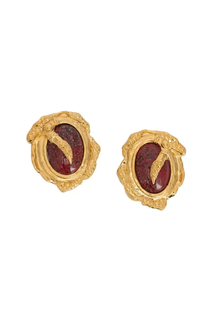 Golden Clip-On Earrings With Ruby Stone Golden Clip-On Earrings With Ruby Stone