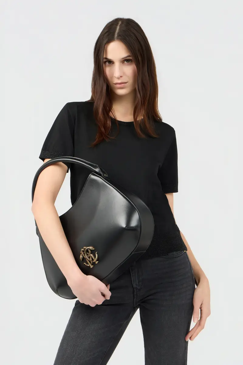 Roberto Cavalli Black Leather Top Handle Bag with Monogram RC | Thumbnail 2