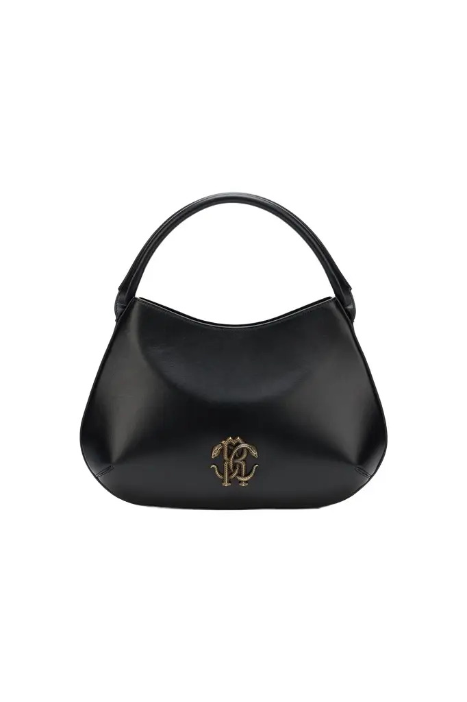 Roberto Cavalli Black Leather Top Handle Bag with Monogram RC