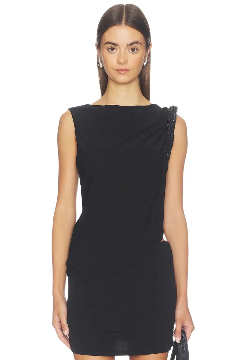 Sleeveless Top With Hotfix Twist Drape Sleeveless Top With Hotfix Twist Drape