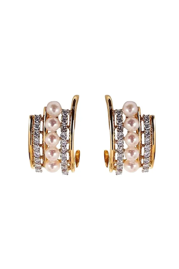 Diamond Pearl Huggie Hoop Earrings