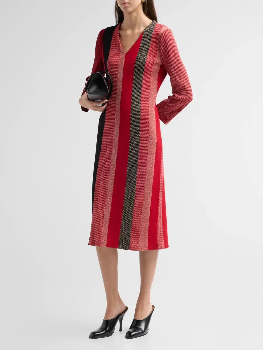 Ming Wang Women's Striped Metallic Knit V-Neck Midi Dress | Thumbnail 4 Ming Wang Women's Striped Metallic Knit V-Neck Midi Dress | Thumbnail 4