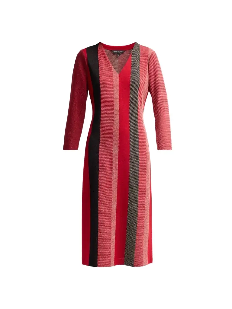 Women's Striped Metallic Knit V-Neck Midi Dress