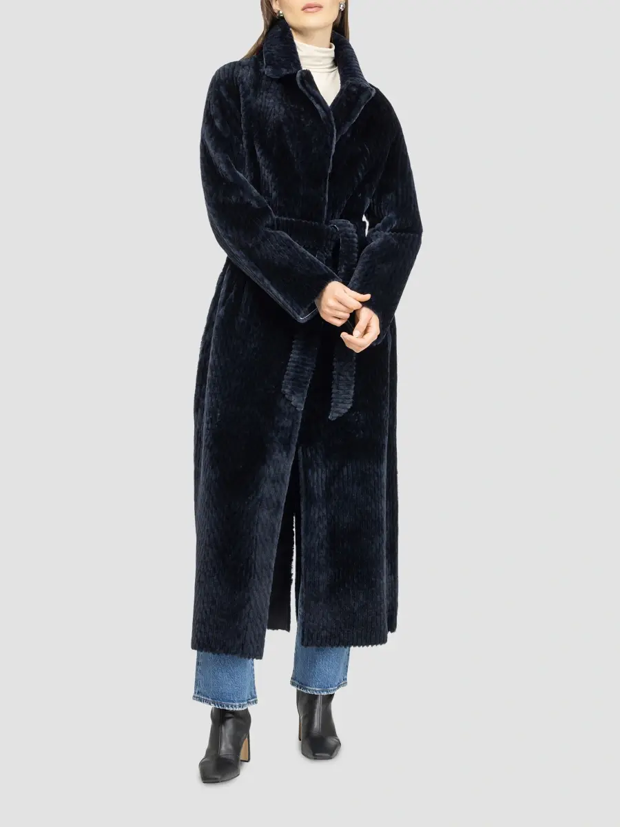 Gorski Women's Reversible Chevron Printed Grooved Shearling Lamb Coat, Belt | Thumbnail 2 Gorski Women's Reversible Chevron Printed Grooved Shearling Lamb Coat, Belt | Thumbnail 2