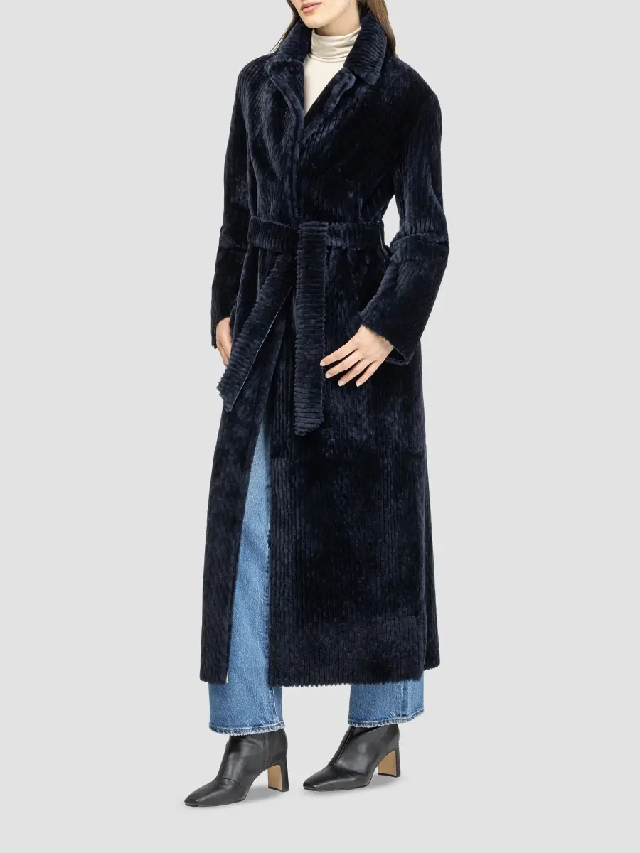 Gorski Women's Reversible Chevron Printed Grooved Shearling Lamb Coat, Belt | Thumbnail 3 Gorski Women's Reversible Chevron Printed Grooved Shearling Lamb Coat, Belt | Thumbnail 3