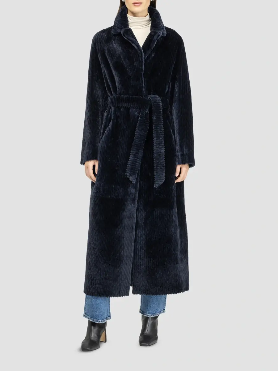 Gorski Women's Reversible Chevron Printed Grooved Shearling Lamb Coat, Belt | Thumbnail 4 Gorski Women's Reversible Chevron Printed Grooved Shearling Lamb Coat, Belt | Thumbnail 4
