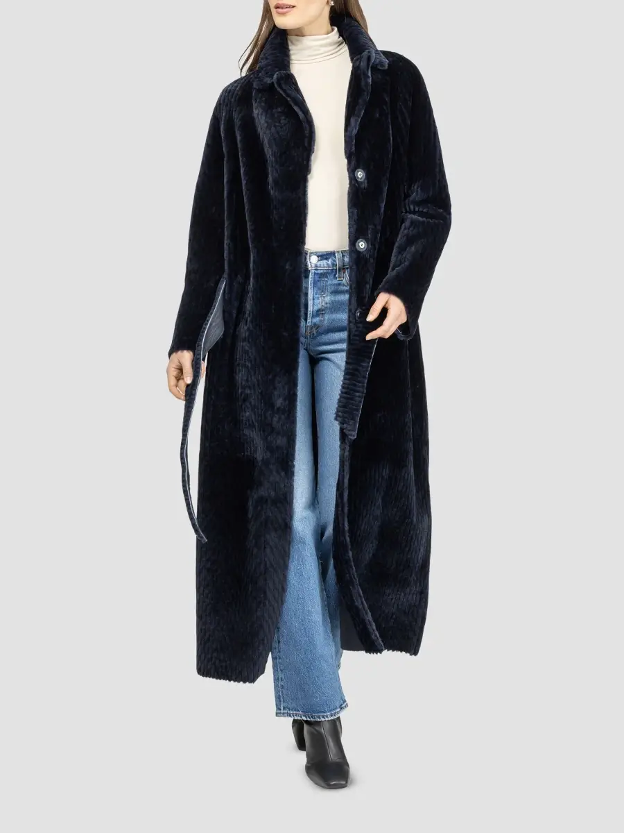 Gorski Women's Reversible Chevron Printed Grooved Shearling Lamb Coat, Belt | Thumbnail 5 Gorski Women's Reversible Chevron Printed Grooved Shearling Lamb Coat, Belt | Thumbnail 5