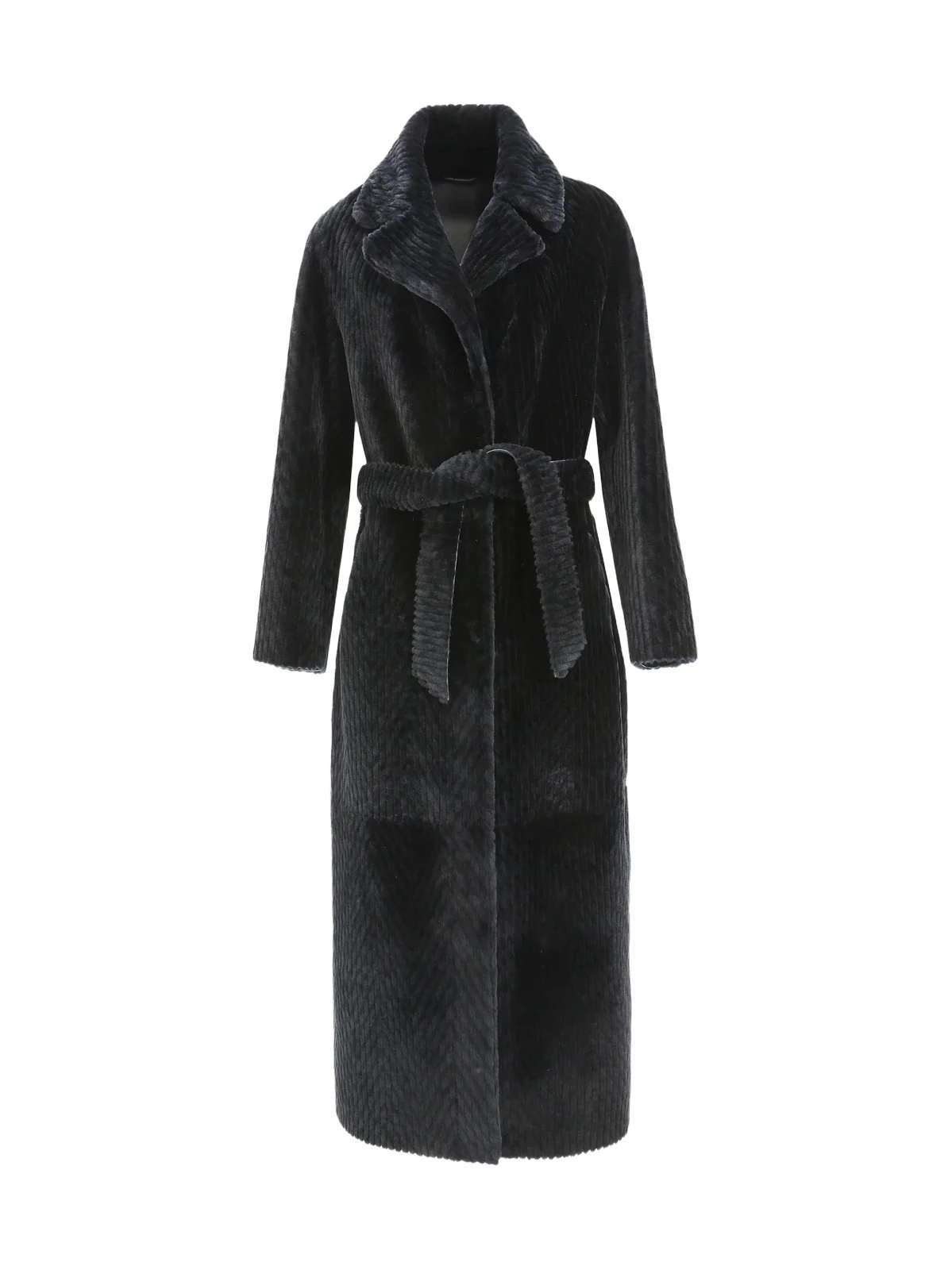 Women's Reversible Chevron Printed Grooved Shearling Lamb Coat, Belt Women's Reversible Chevron Printed Grooved Shearling Lamb Coat, Belt