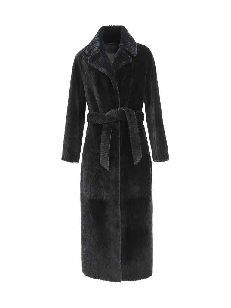 Gorski Women's Reversible Chevron Printed Grooved Shearling Lamb Coat, Belt