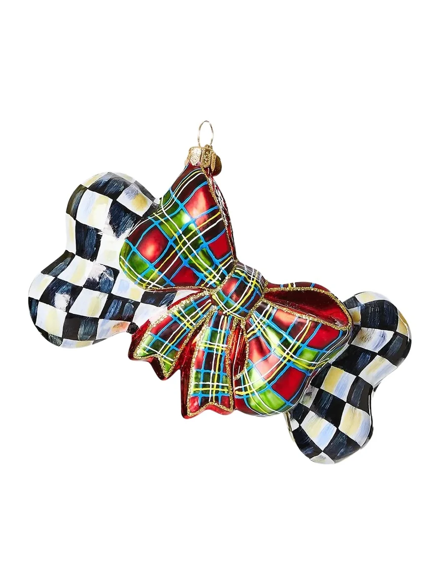 MacKenzie-Childs Courtly Check Dog Bone Glass Ornament