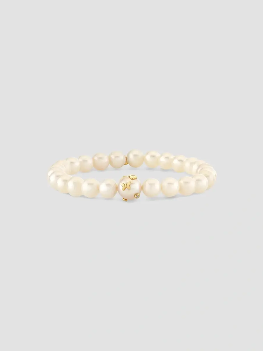Sydney Evan Women's Tuxedo 14K Yellow Gold, Freshwater Pearl & 0.01 TCW Diamond Beaded Stretch Bracelet | Thumbnail 3 Sydney Evan Women's Tuxedo 14K Yellow Gold, Freshwater Pearl & 0.01 TCW Diamond Beaded Stretch Bracelet | Thumbnail 3