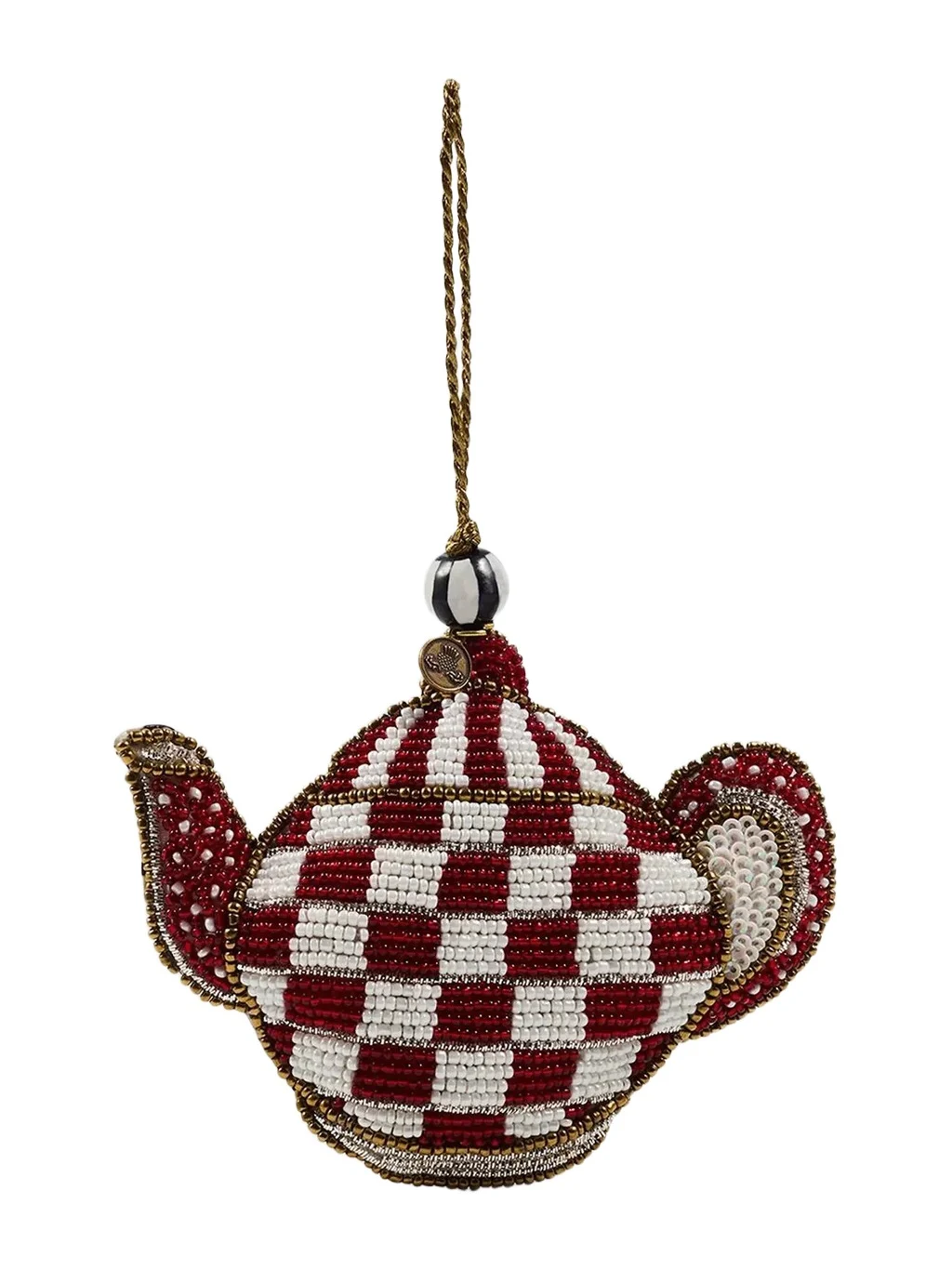 MacKenzie-Childs Merry Christmas Cherry Check Beaded Teapot Ornament
