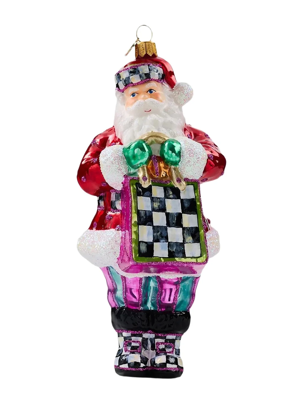 MacKenzie-Childs Merry Christmas Shopper Santa Glass Ornament