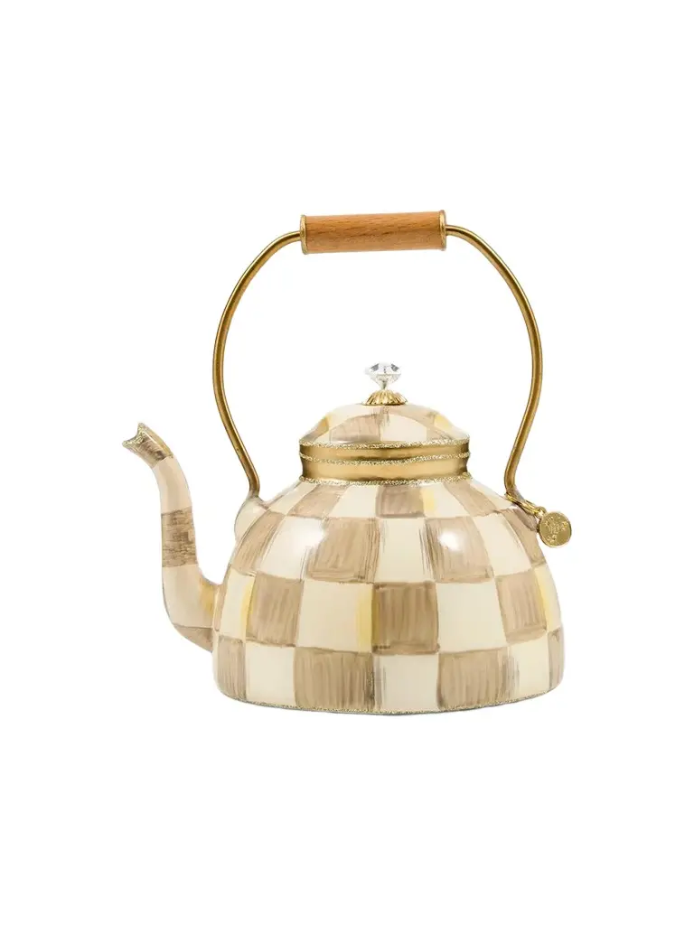 MacKenzie-Childs Mocha Check Tea Kettle Glass Ornament