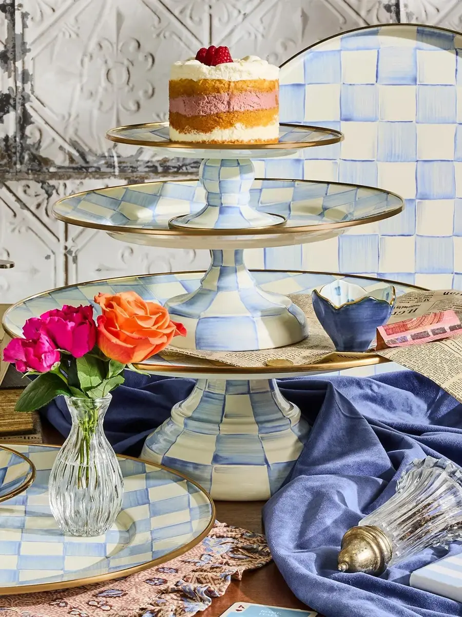 MacKenzie-Childs Sky Check Large Hand-Painted Enamel Pedestal Platter | Thumbnail 3 MacKenzie-Childs Sky Check Large Hand-Painted Enamel Pedestal Platter | Thumbnail 3