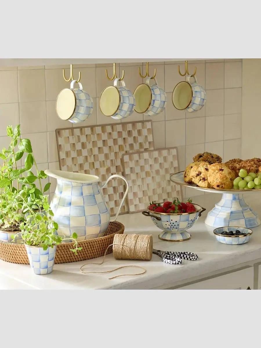 MacKenzie-Childs Sky Check Large Hand-Painted Enamel Pedestal Platter | Thumbnail 4 MacKenzie-Childs Sky Check Large Hand-Painted Enamel Pedestal Platter | Thumbnail 4