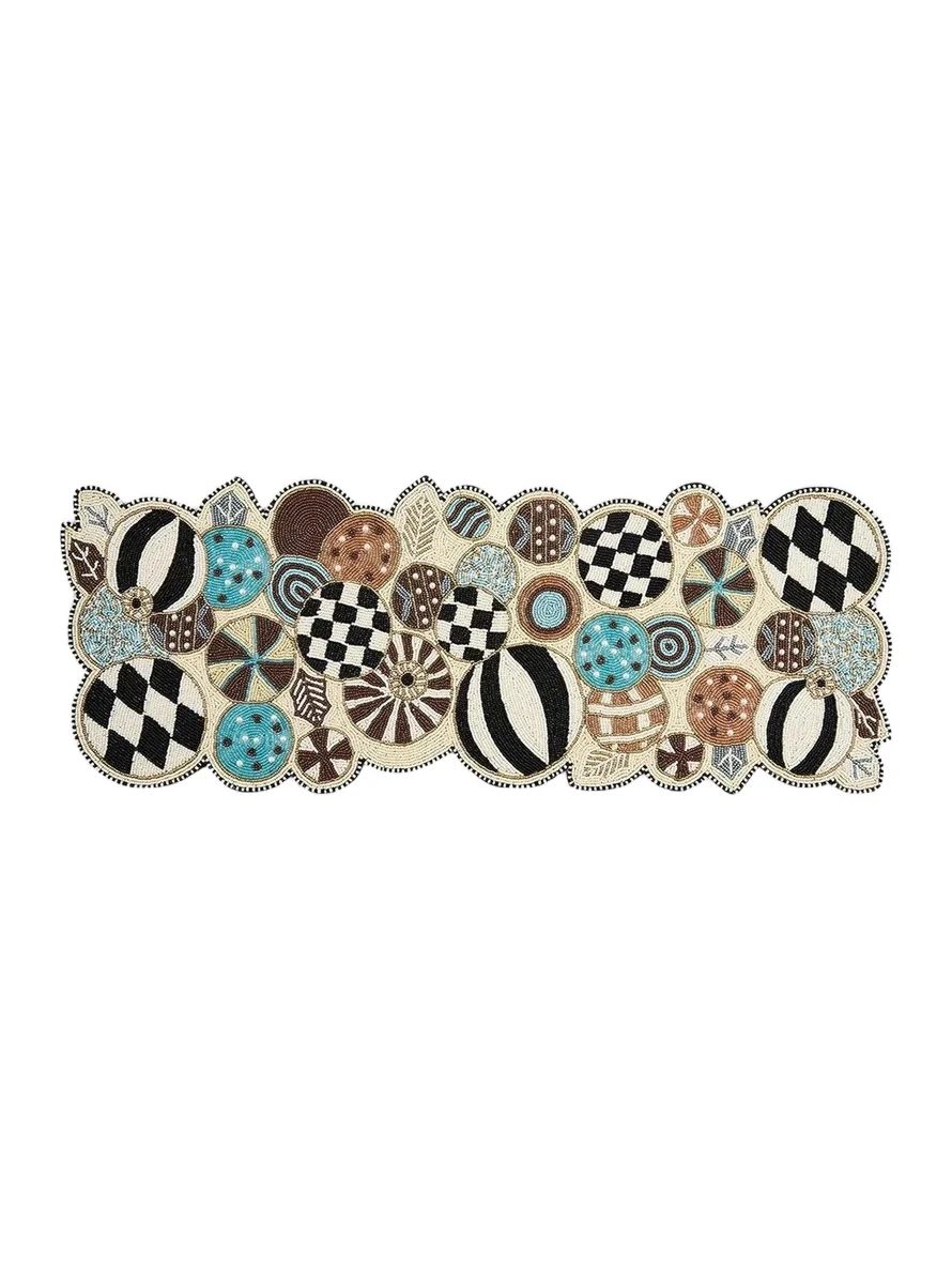 MacKenzie-Childs Mocha Check Natural Noel Beaded Cotton Table Runner